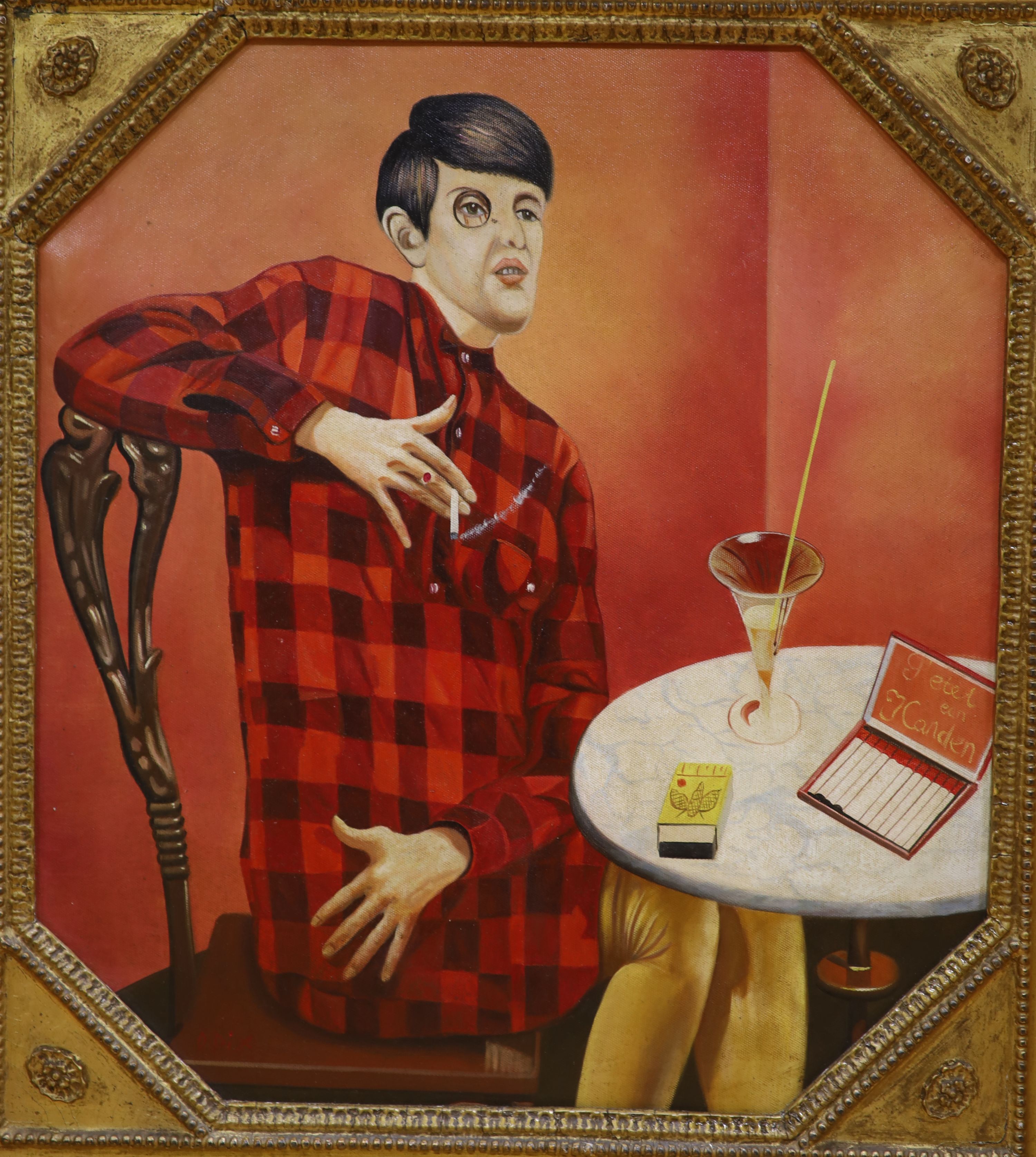After Otto Dix, oil on board, Young man seated at a cafe table, 50 x 46cm